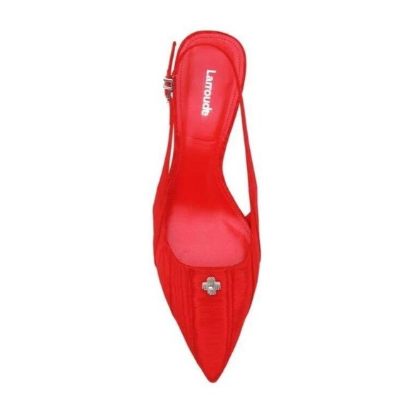 Larroude Maxime Red Slingback Pointed Toe Satin Finish Flared Kitten Heels Sz 8 - Picture 3 of 16
